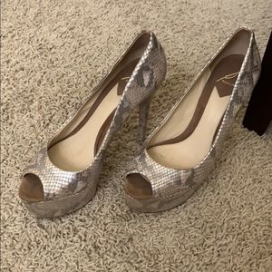 B Brian Atwood Tan and Silver High Heeled Peep Toe Pumps
